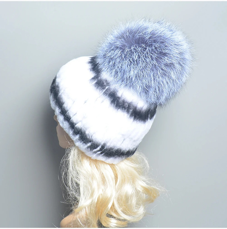 Real Rex Rabbit Fur Winter Hat Women Knitted Beanie with  display picture 1