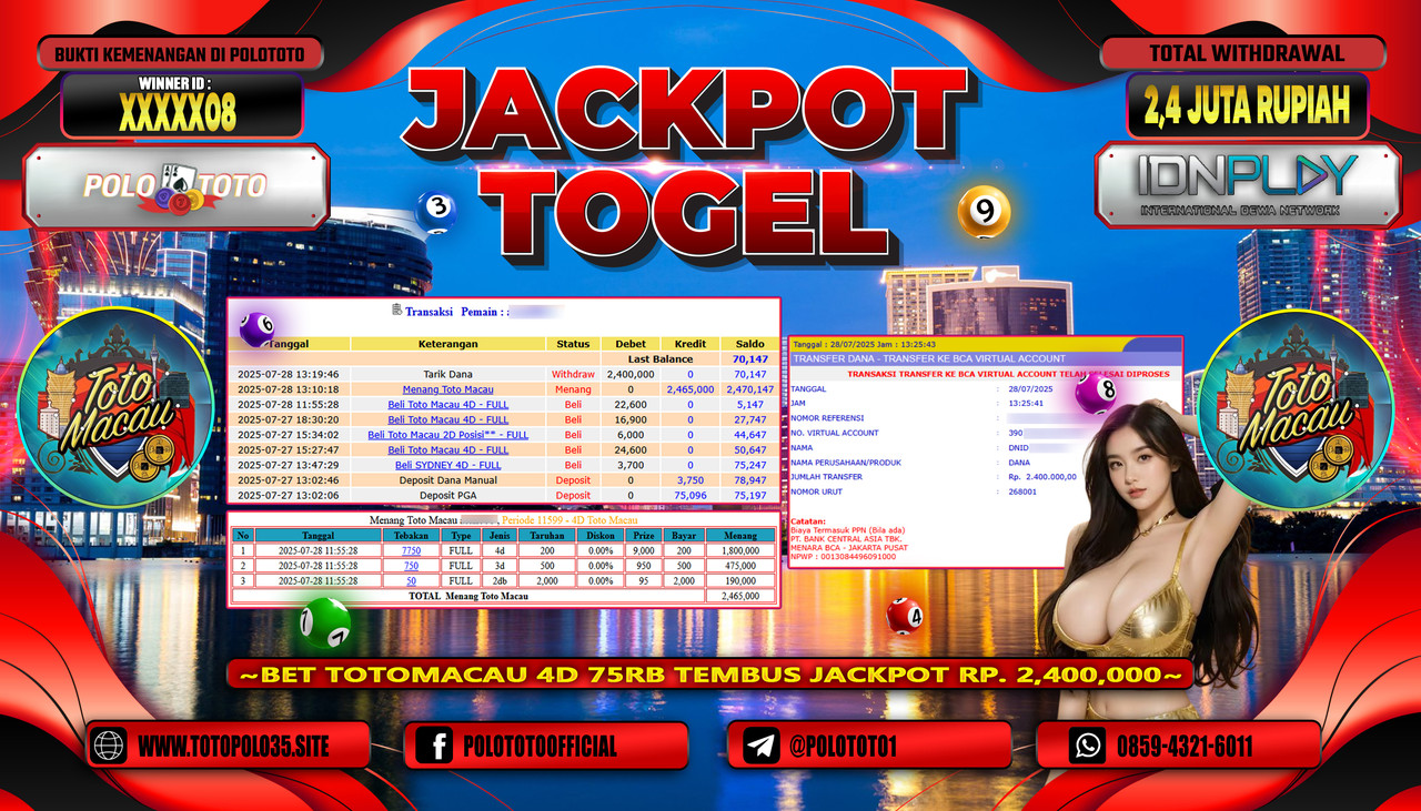 POLOTOTO JACKPOT TOGEL TOTO MACAU Rp.2.400.000,- LUNAS