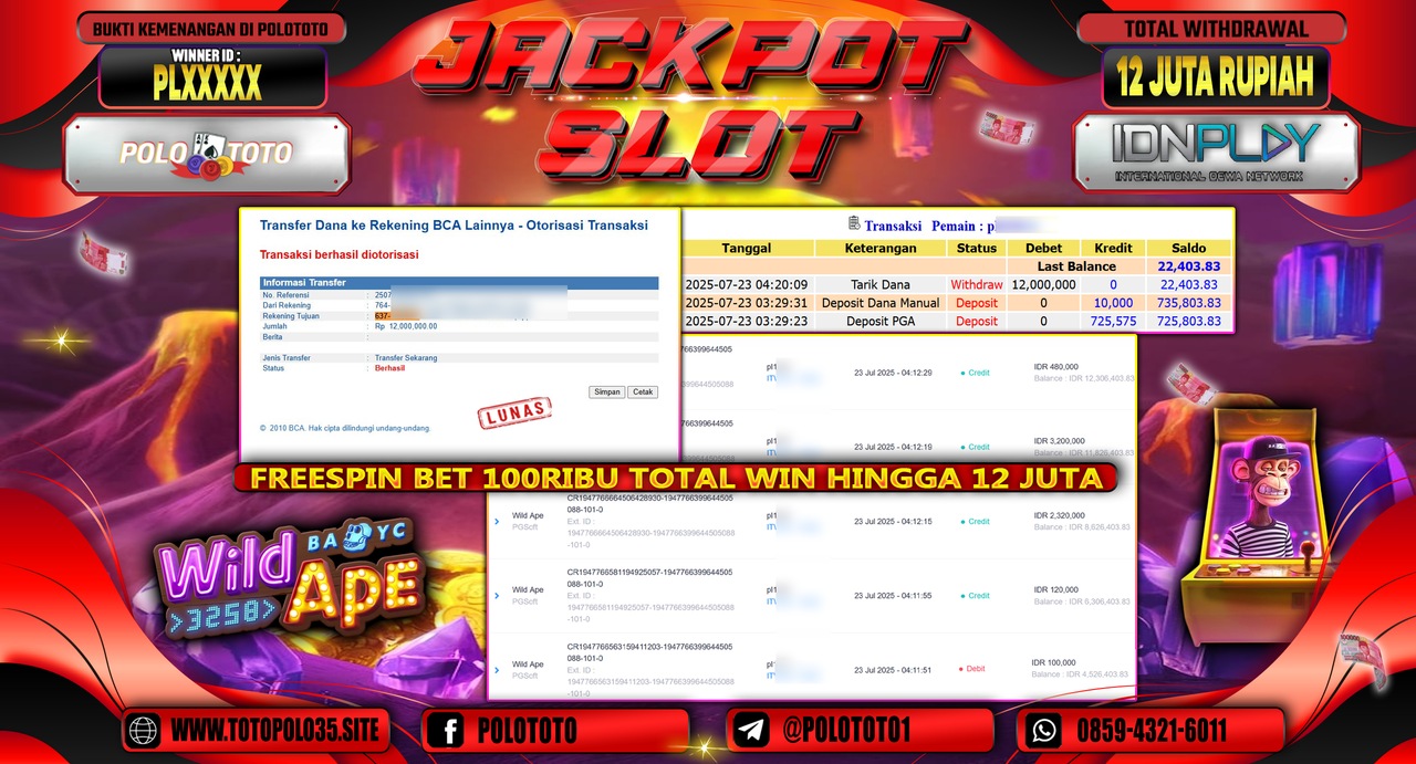 POLOTOTO JACKPOT SLOT WILD APE Rp.12.000.000,- LUNAS