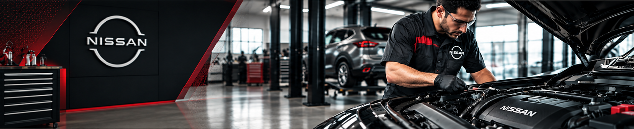 Nissan certified technician performing factory scheduled maintenance at Peruzzi Nissan service bay