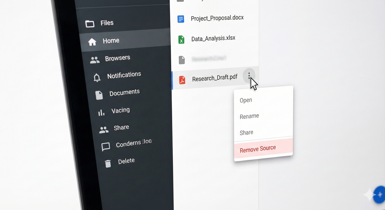 UI mock-up showing the remove source option in the NotebookLM sidebar