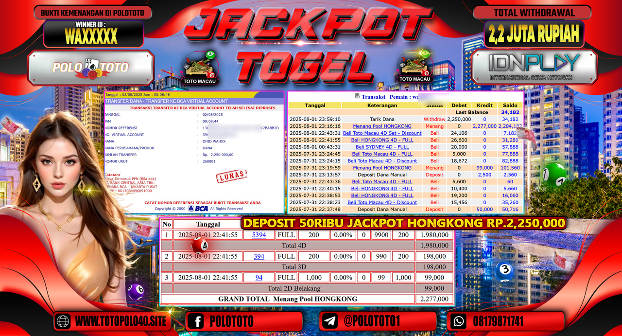 POLOTOTO JACKPOT TOGEL HONGKONG LOTTO Rp.2.200.000,- LUNAS
