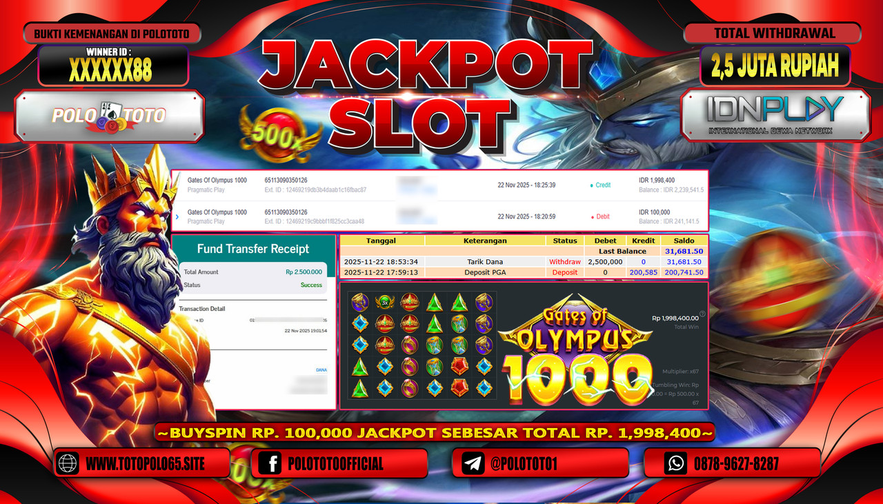 POLOTOTO JACKPOT SLOT GATES OF OLYMPUS 1000 Rp.2.500.000,- LUNAS