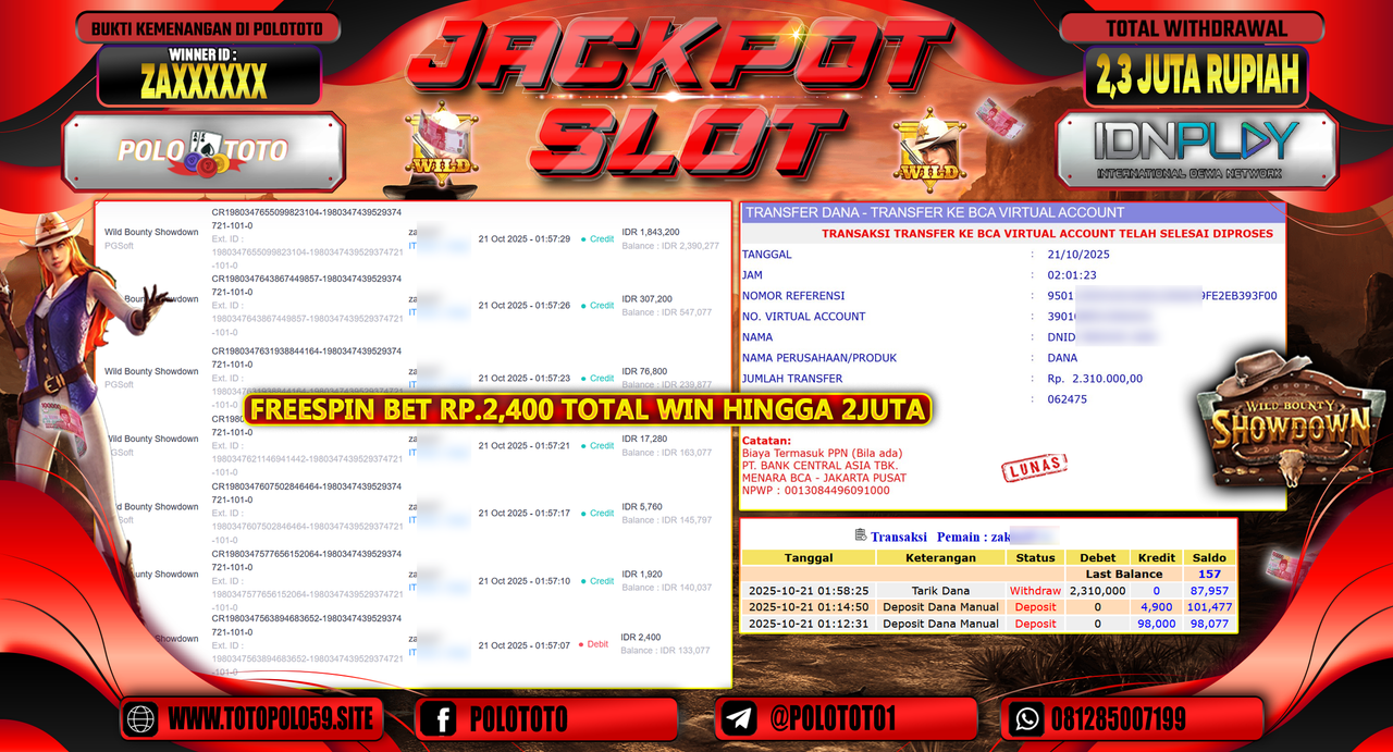 POLOTOTO JACKPOT SLOT WILD BOUNTY SHOWDOWN Rp.2.310.000,-