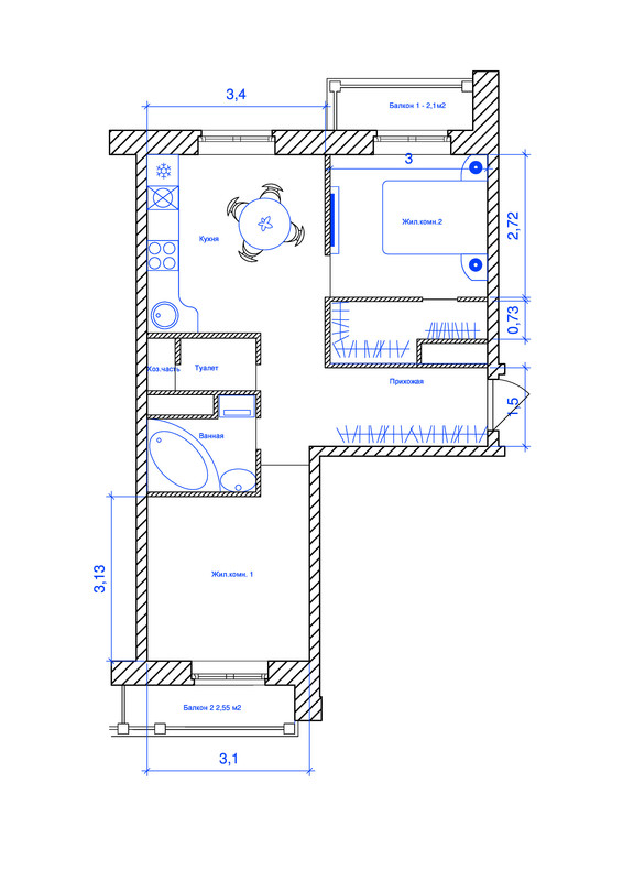 Page 1 - ПЕРЕПЛАНИРОВКА 2х комнатной квартиры 45