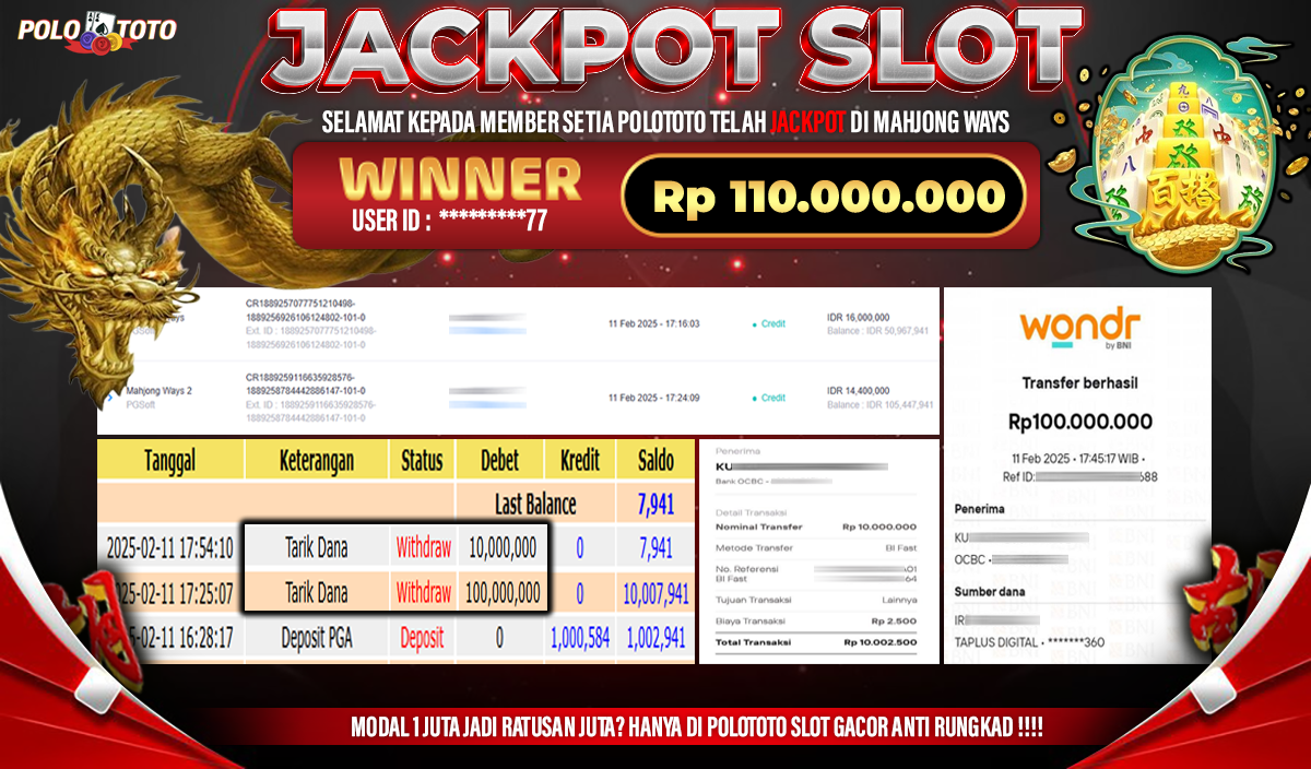 POLOTOTO JACKPOT SLOT MAHJONG WAYS Rp.110.000.000,-