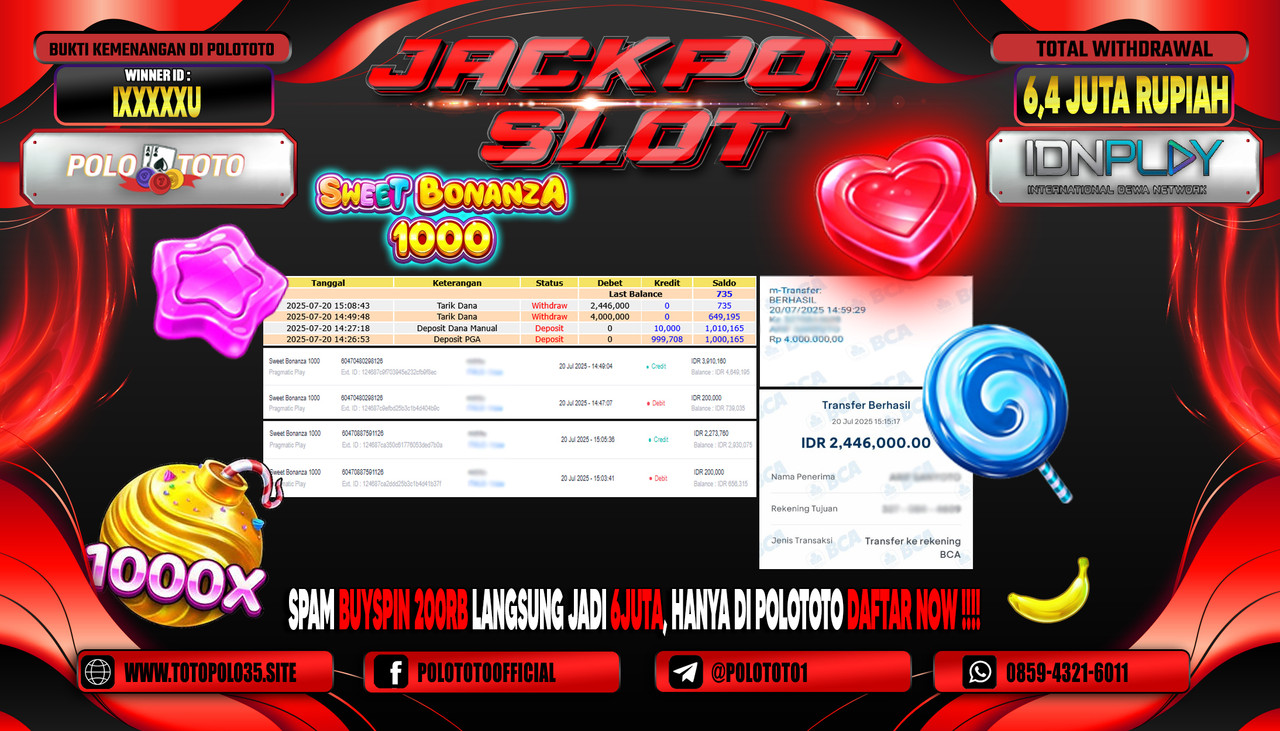 POLOTOTO JACKPOT SLOT SWEET BONANZA 1000 Rp.6.446.000,- LUNAS