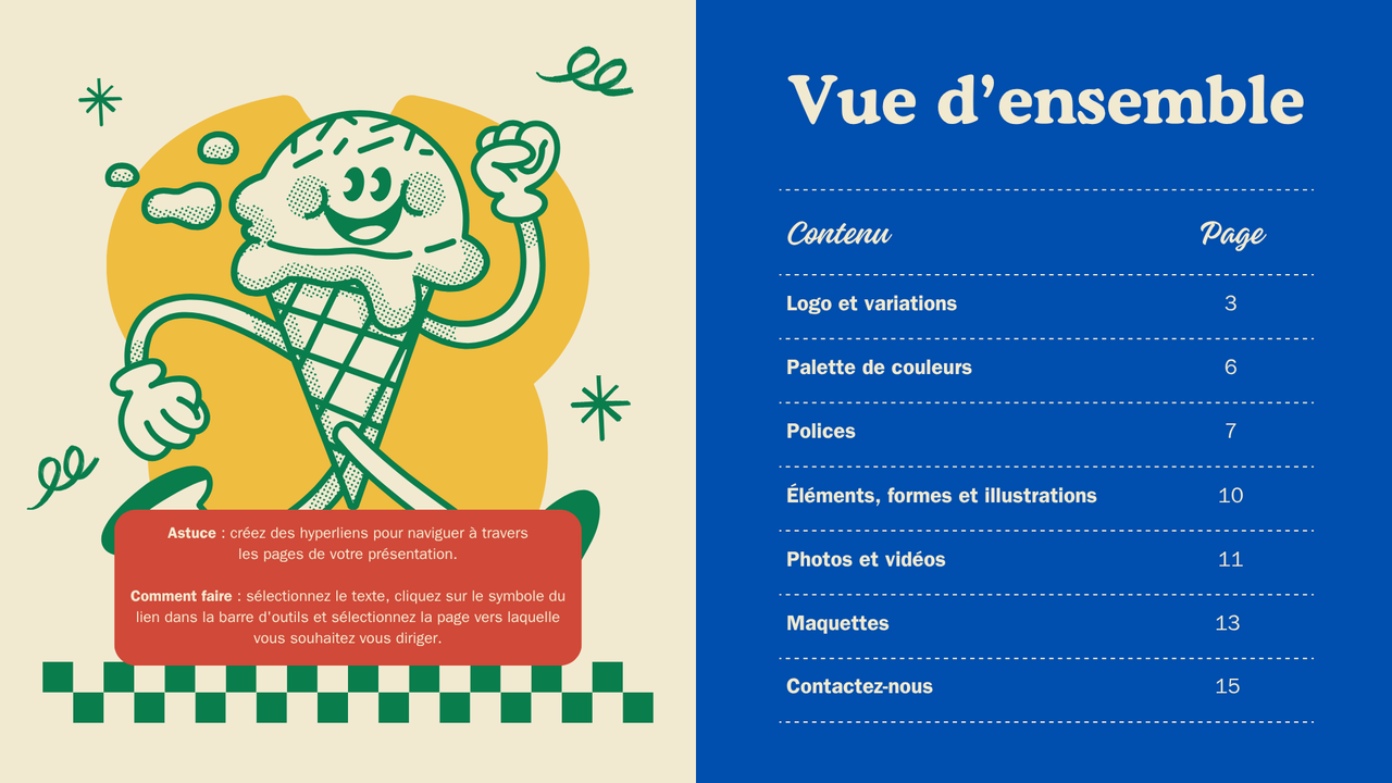 Présentation Charte Graphique Alimentation et Restaurant dans un style Nostalgique Audacieux en Vert Bleu et Jaune