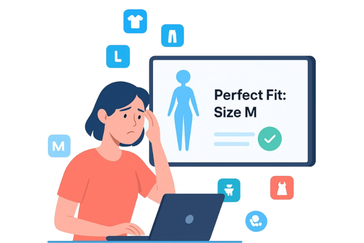 Illustration of a person looking at a laptop showing a perfect clothing fit.