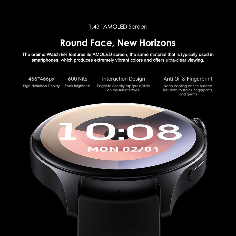 ساعة oraimo watch er osw-42 الذكية - شاشة 1.43 بوصة - مكالمات بلوتوث - تتبع صحي - أسود - 3