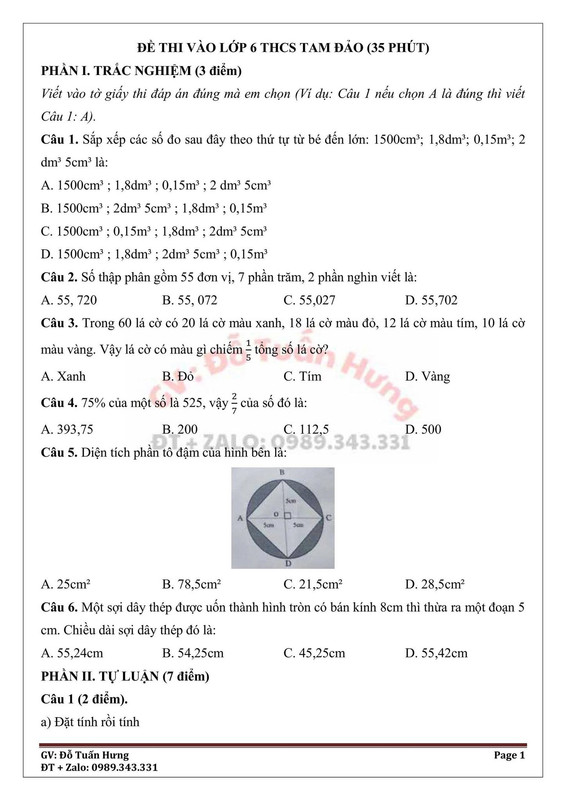 Đề thi vào lớp 6 trường THCS Tam Đảo