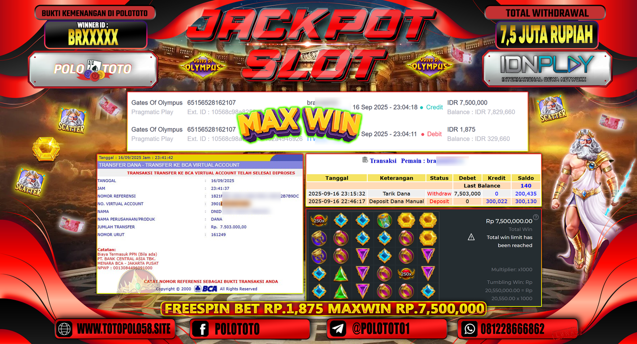 POLOTOTO JACKPOT SLOT GATES OF OLYMPUS SUPER Rp.7.503.000,-