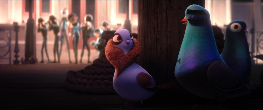 A picture of our leading lady.  Lovely is a white pigeon with brown markings.  In this scene she has ruffled up the brown feathers around her neck.  If she were human it would look like a fur collar on a coat.  She has done this to attract the leading man, Lance Sterling, who has been transformed into a pigeon.  He is the greeny-blue pigeon standing next to her.