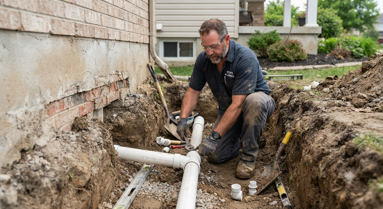 Plumber working in trench laying PVC pipes