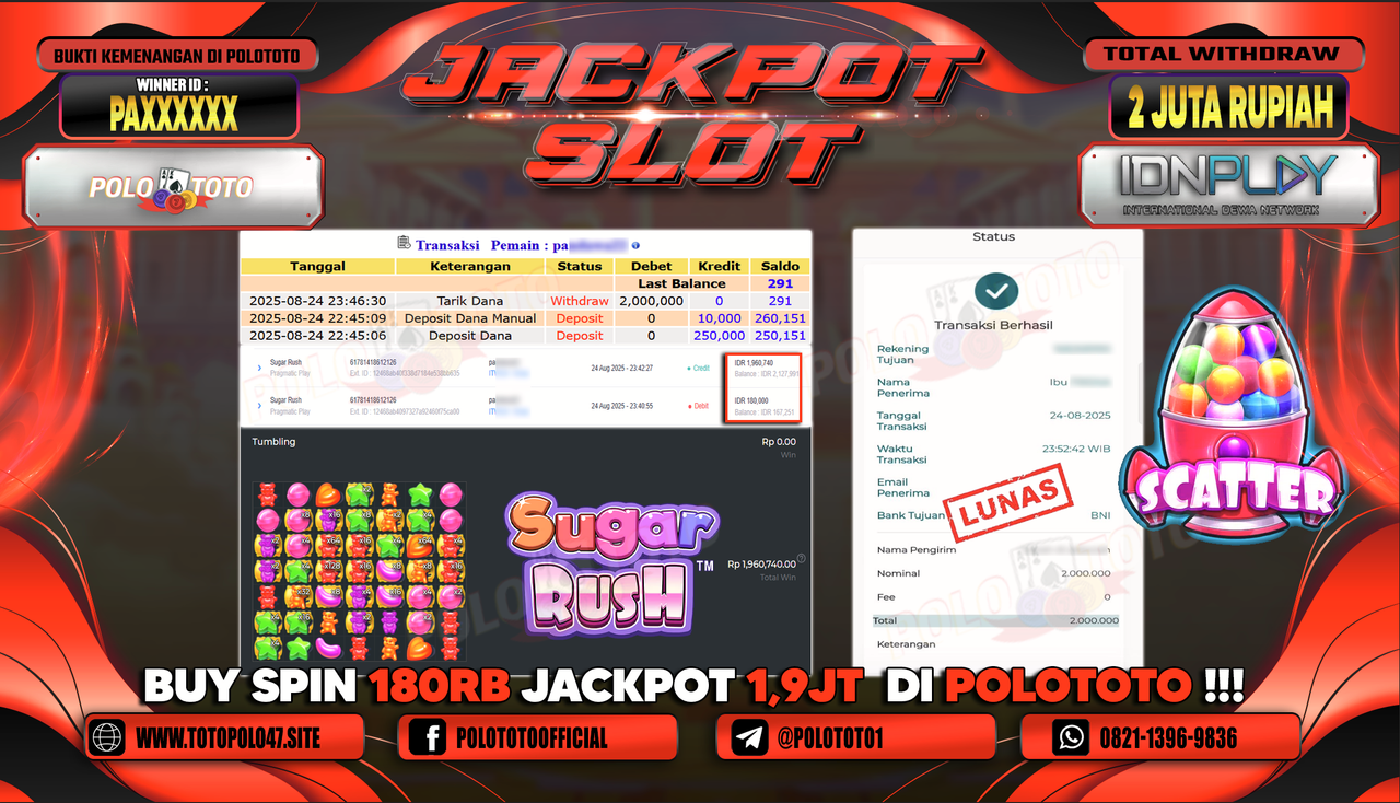 POLOTOTO JACKPOT SLOT SUGAR RUSH Rp.2.000.000,-