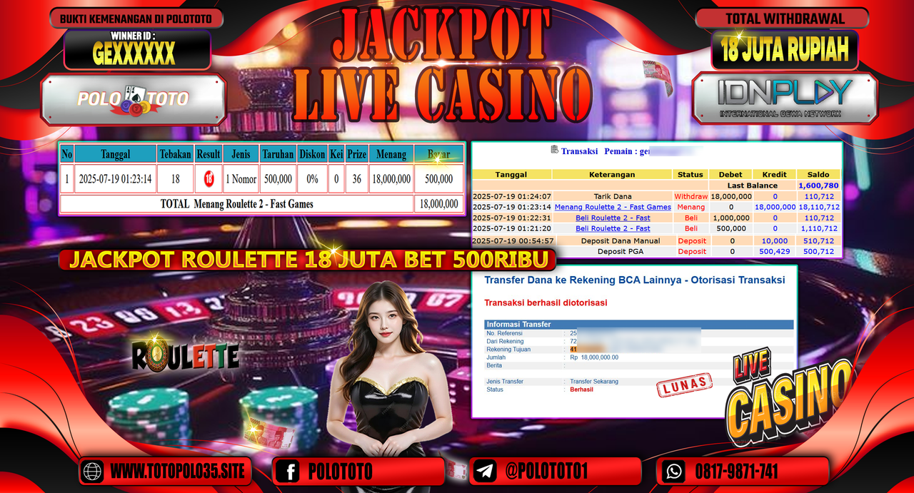 POLOTOTO JACKPOT LIVE CASINO MENANG ROULETTE 2 - FAST GAMES Rp.18.000.000,- LUNAS