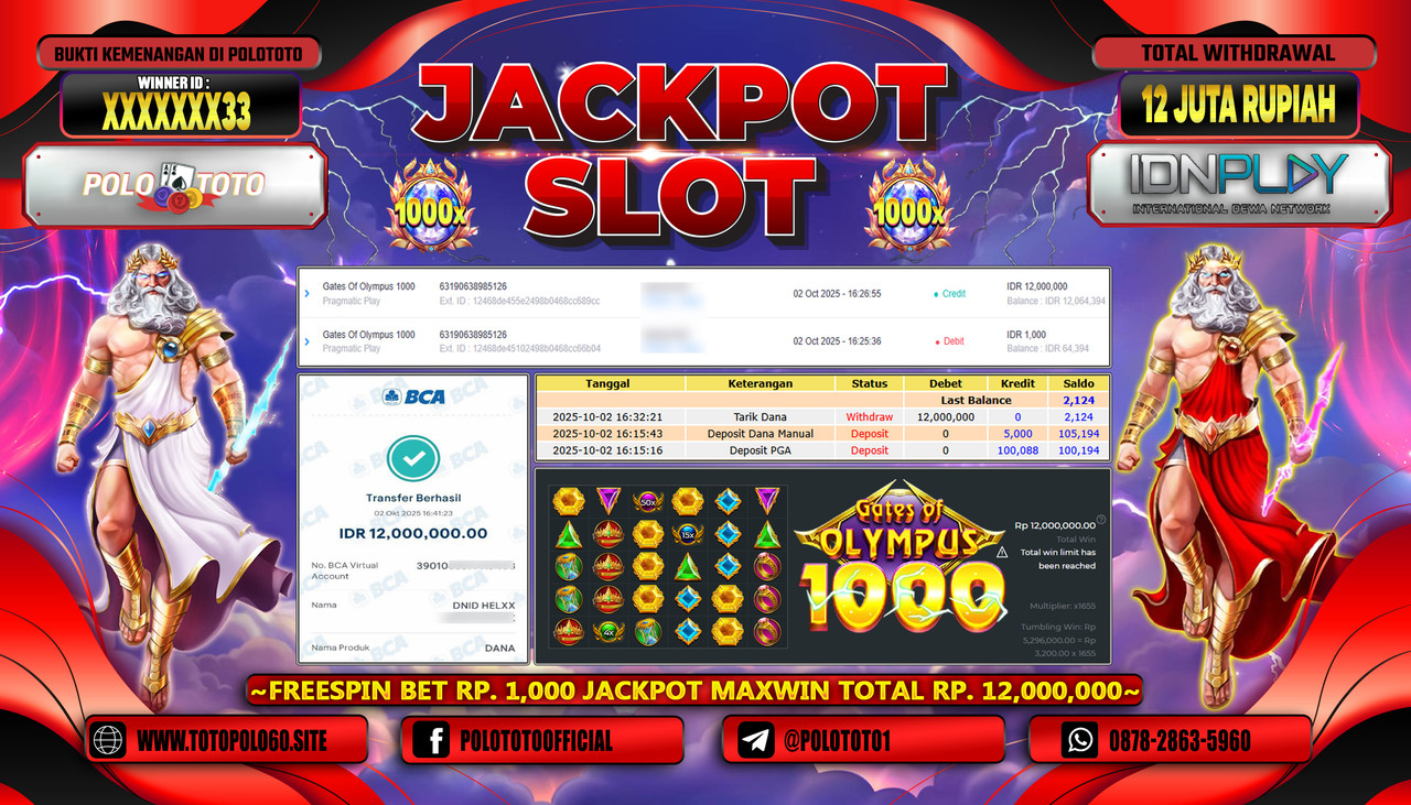 POLOTOTO JACKPOT SLOT GATES OF OLYMPUS 1000 Rp.12.000.000,- LUNAS