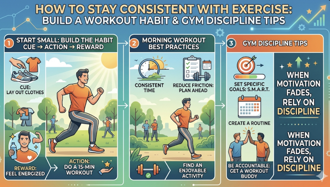 How to stay consistent with exercise woman doing morning pushups showing build workout habit and gym discipline tips