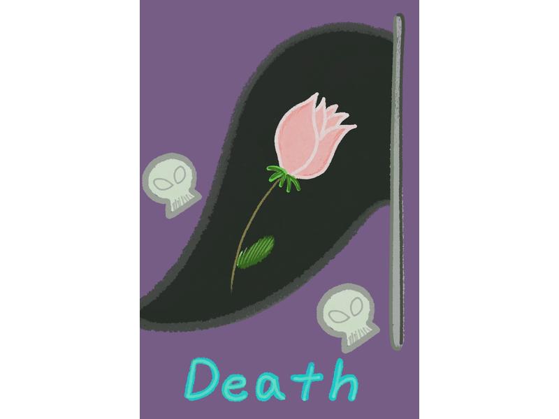 죽음을 상징하는 검은 깃발과 분홍빛 꽃이 그려진 타로카드 'Death' 손그림
