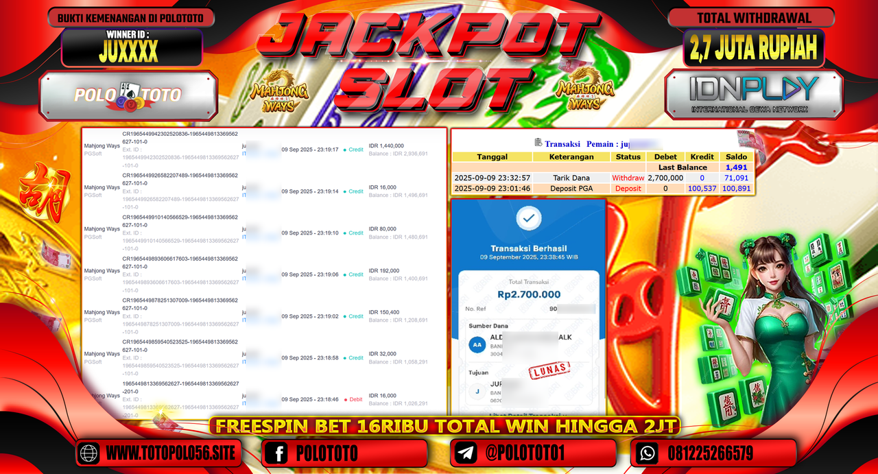 POLOTOTO JACKPOT SLOT MAHJONG WAYS Rp.2.700.000,-