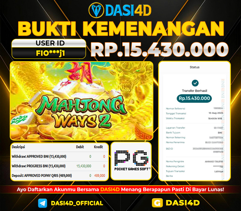 BUKTI KEMENANGAN 10 AGUSTUS 2025 DI MAHJONG WAYS WD 15.430.000