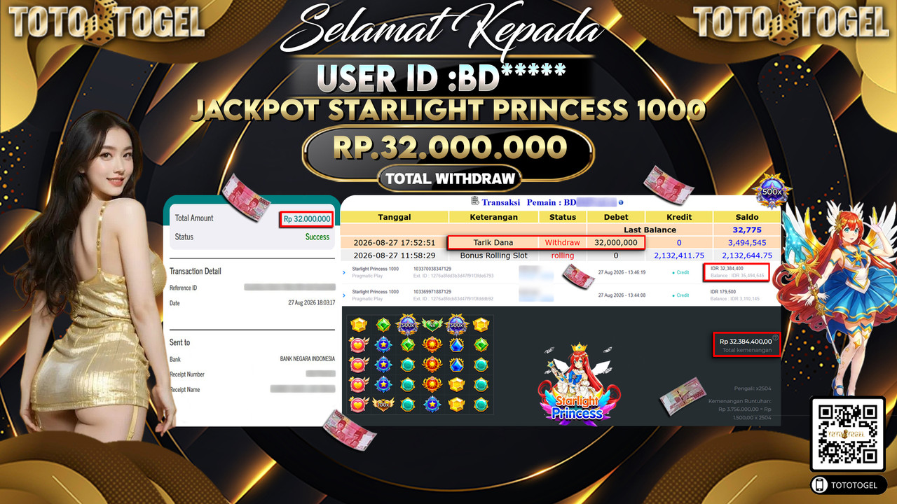 Bukti Pembayaran Jackpot Slot Starlight Princess 1000 ID:BD*****LUNAS