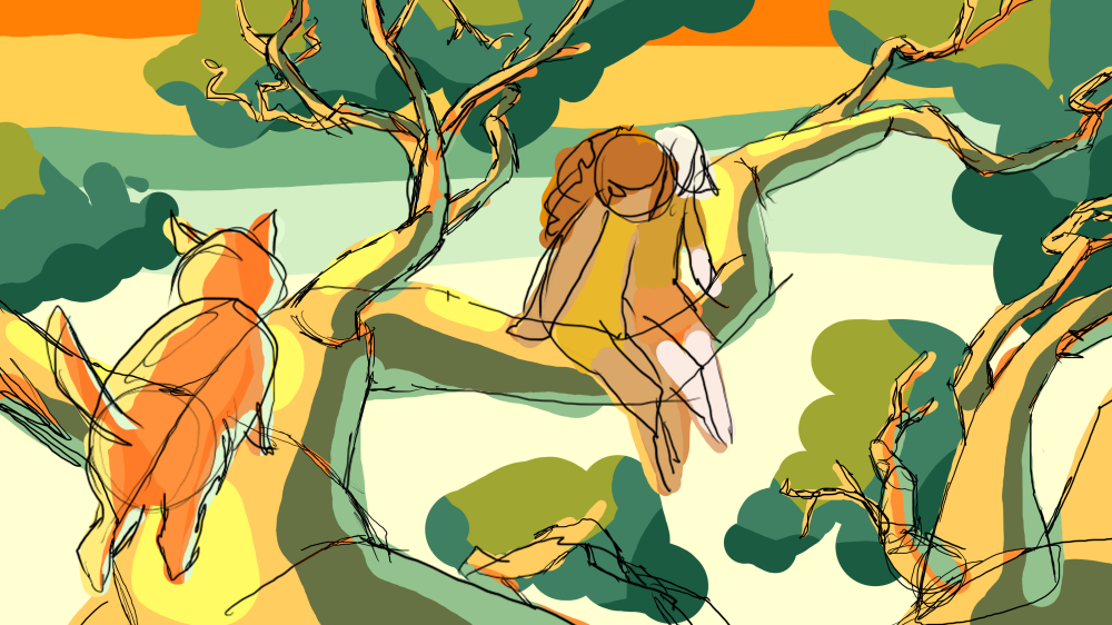 Green color palette thumbnail of two characters in a tree