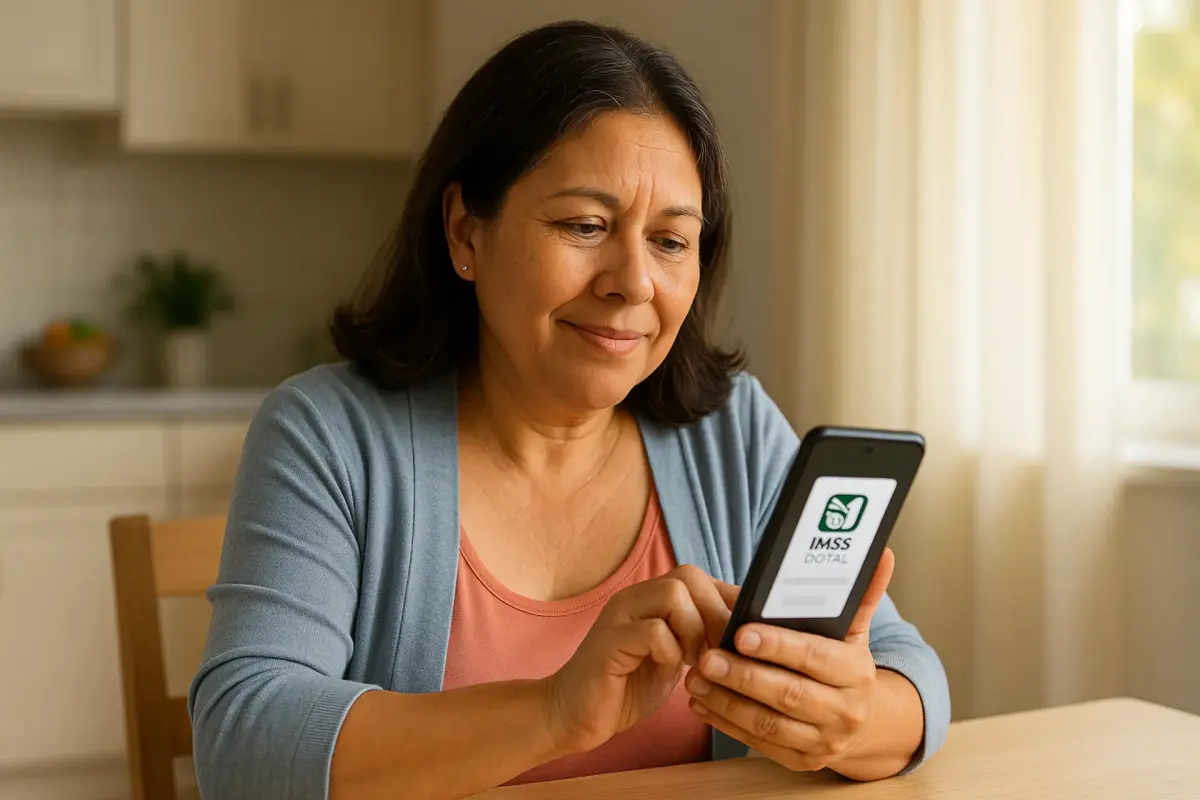 Reservar cita médica en el IMSS desde el celular en 2025 Mujer latina usando celular para agendar cita médica en el IMSS
