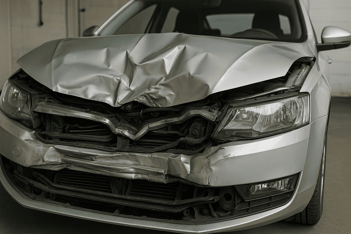 Смятый передок автомобиля крупным планом видно зоны смятия