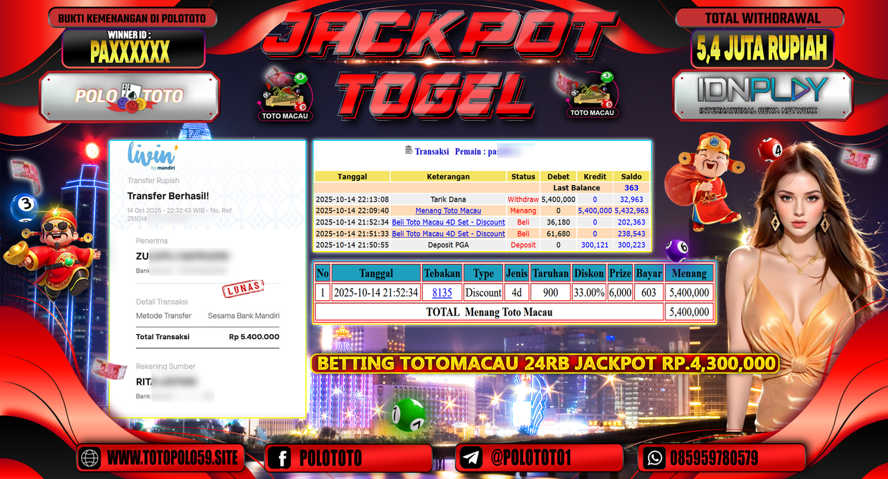 POLOTOTO JACKPOT TOGEL TOTO MACAU Rp.5.400.000,- LUNAS