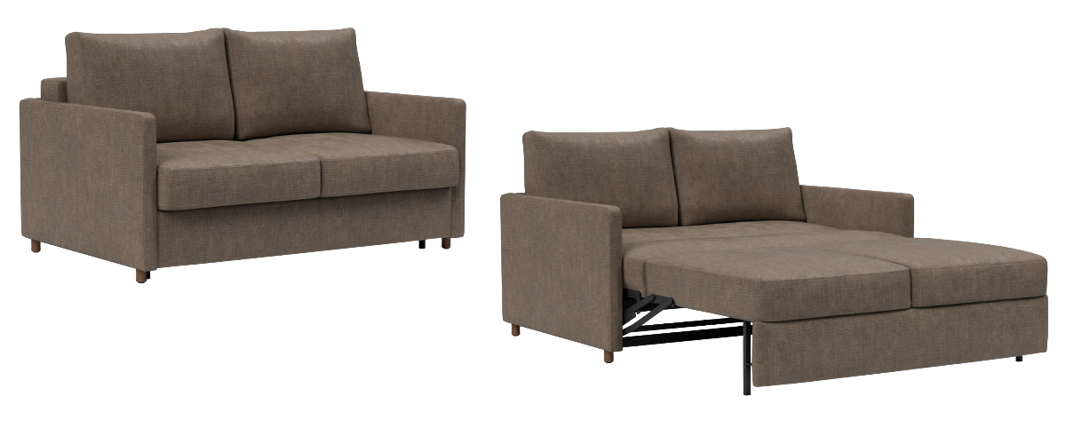 Neah 140 Slim Arms Innovation Living ouvert en position lit 140×195 cm — mécanisme auto-fold legs, pieds chêne foncé — Déco Éléments Paris 18e