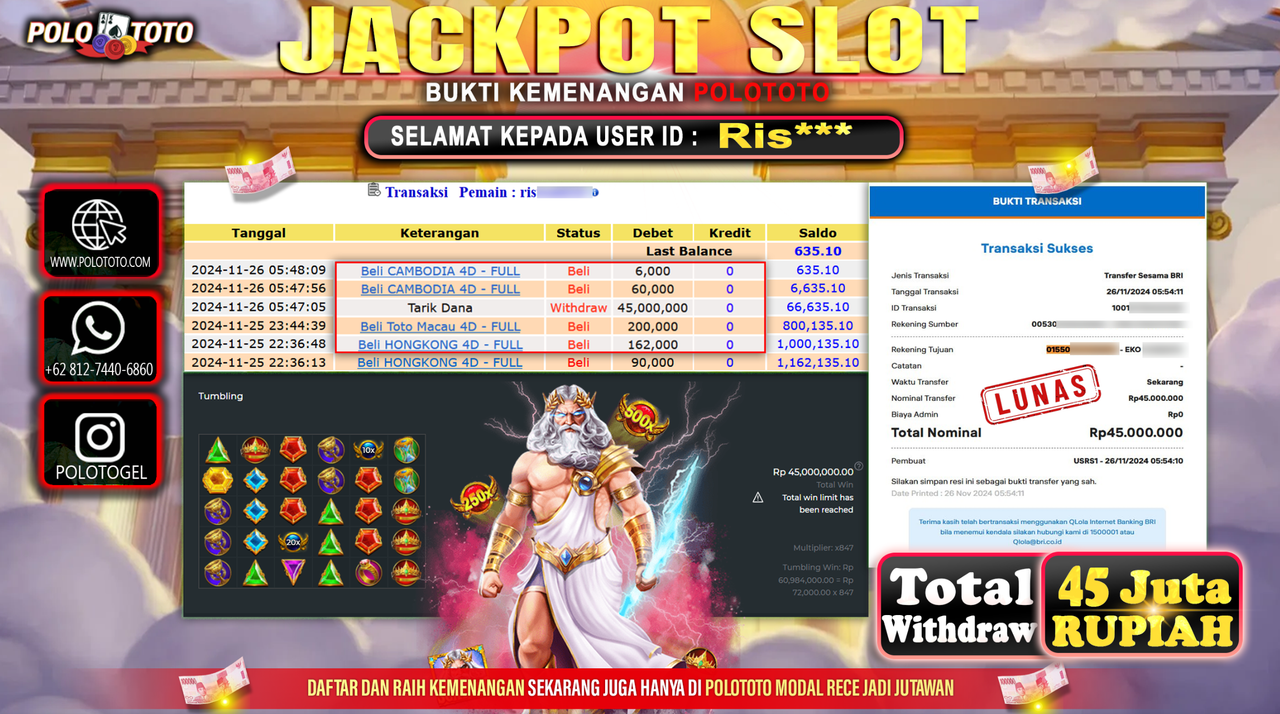 POLOTOTO JACKPOT SLOT GATES OF OLYMPUS Rp.45.000.000,-