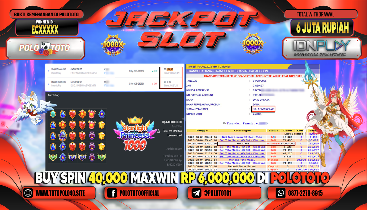 POLOTOTO JACKPOT SLOT STARLIGHT PRINCESS 1000 Rp.6.000.000,-LUNAS