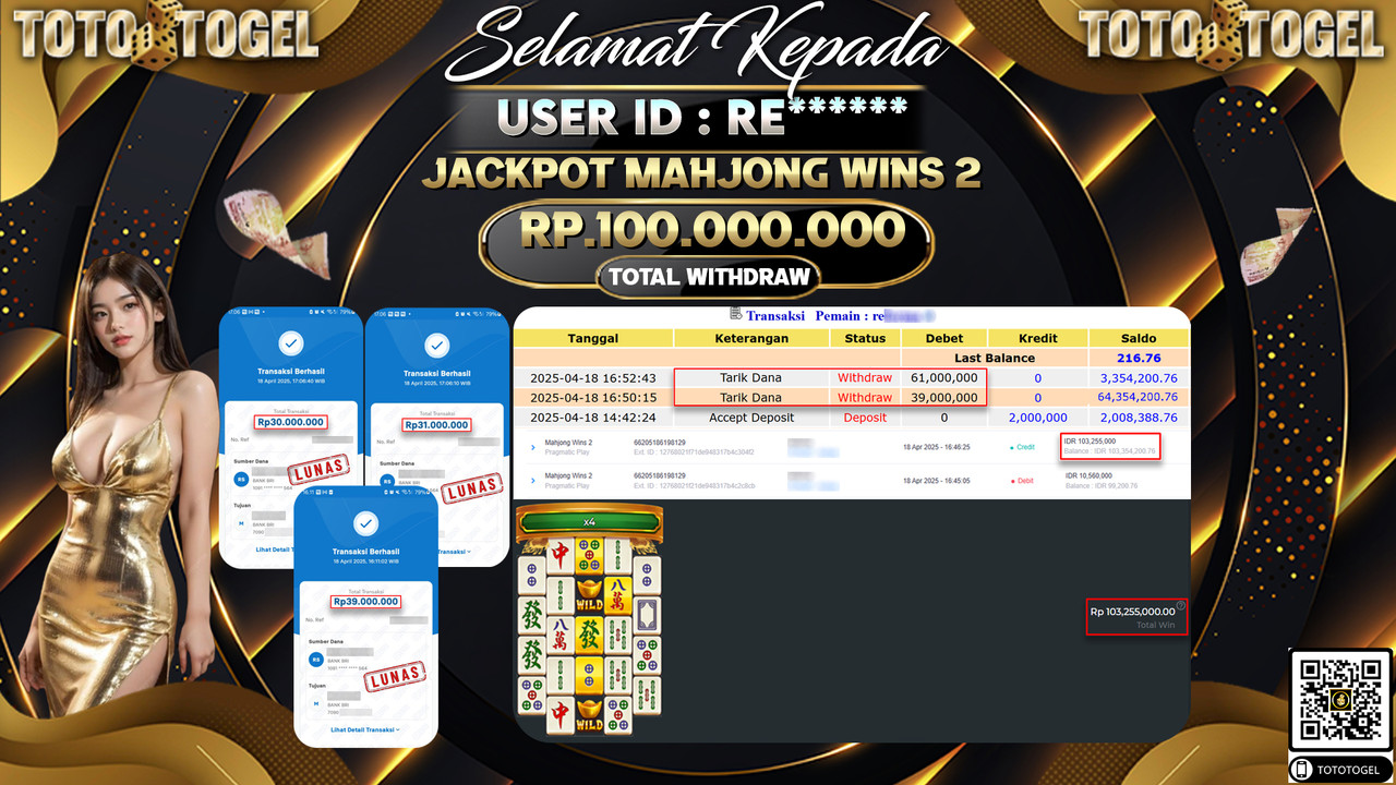 Bukti Pembayaran Jackpot  Permainan Slot Mahjong Wins 2 ID:RE****** LUNAS