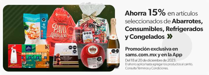 Sam's club, 15% en artículos seleccionados de abarrotes consumibles refrigerados y congelados. 
