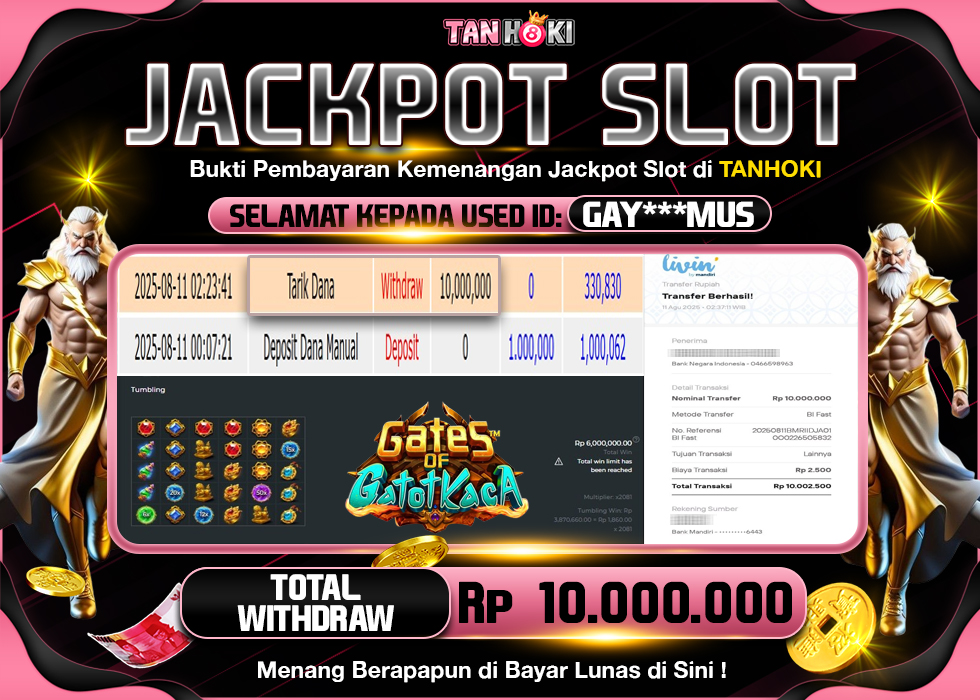 TANHOKI JACKPOT SLOT GATES OF GATOT KACA Rp.10.000.000,- LUNAS