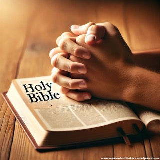 Hands folded in prayer over an open Bible, symbolizing faith, reflection, and spiritual devotion.