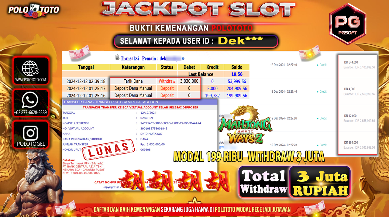 POLOTOTO JACKPOT SLOT MAHJONG WAYS 2 Rp.3,030.000,-