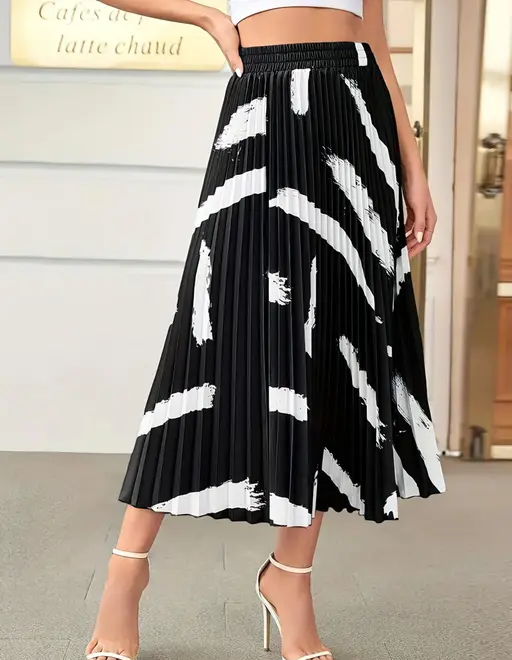 Skirt For Women | Brush Print Pleated Skirts, Vintage Elastic Waist Midi Skirts, Women's Clothing(Premium Quality) Color2 (R230)