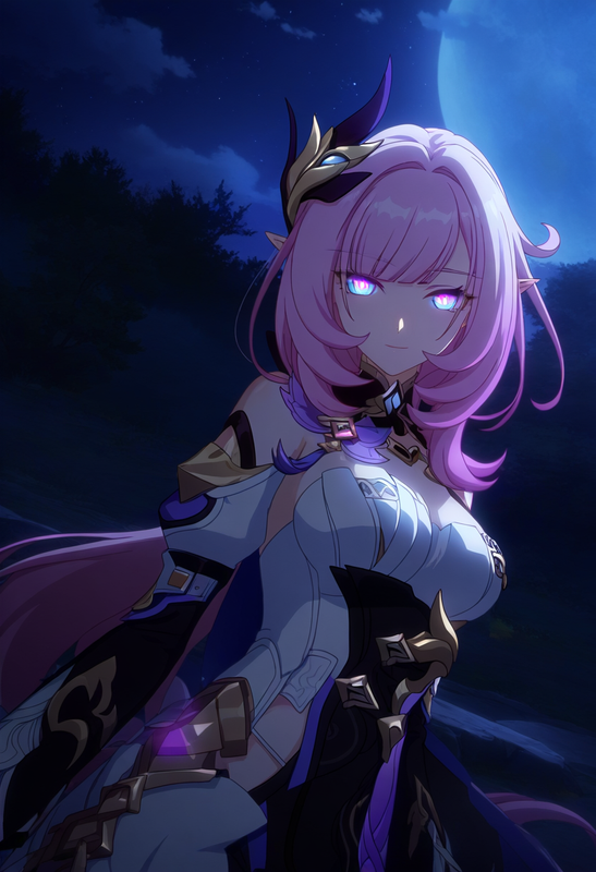 1girl, elysia (honkai impact), shiny skin, glowing hair, small breasts, night, s s-750488235