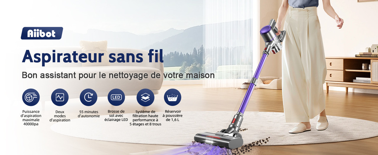 Aspirateur Balai Sans Fil 48KPa 500W - Autonomie 55min, Station Murale, Brosse Anti-Poils, Pour Sols Et Tapis