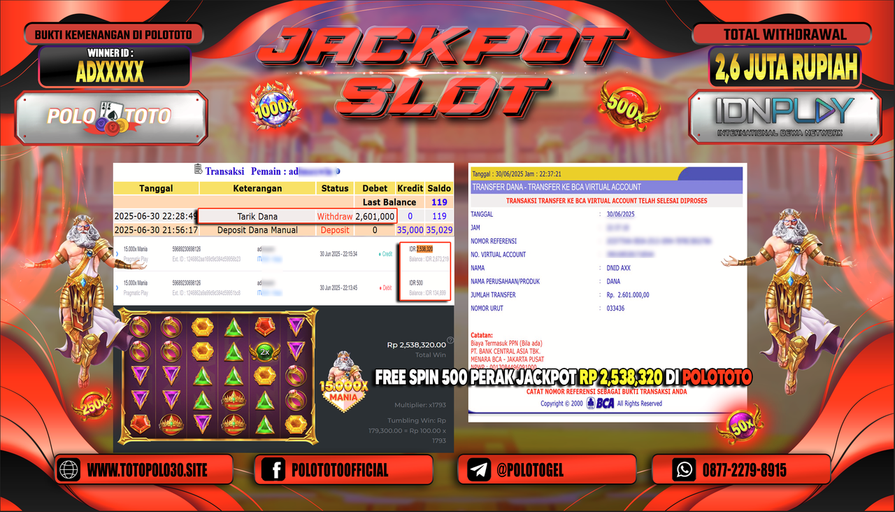 POLOTOTO JACKPOT SLOT 15.000X MANIA Rp.2.600.000,- LUNAS