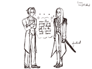 uncolored digital sketch with Miles Edgeworth from Ace Attorney on the left and Mira Archambeau on the right, both of which are standing and looking at each other with confusion. There is a thought bubble between the two reading "man this person is so weird thank god I'm the only normal one here". There is also parenthesis in the corner reading: (same height btw).