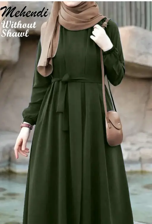 NEW TRENDY SIMPLE Burkha CHUN SLEEVES ABAYA BURQA WITH BELT (WITHOUT SHAWL) Color Mehendi (R226)