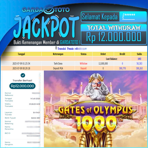 JACKPOT DI PERMAINAN  SLOT PRAGMATIC PLAY GATES OF OLYMPUS 1000 WD Rp 12.000.000,- DIBAYAR LUNAS GARDATOTO MANTAP !