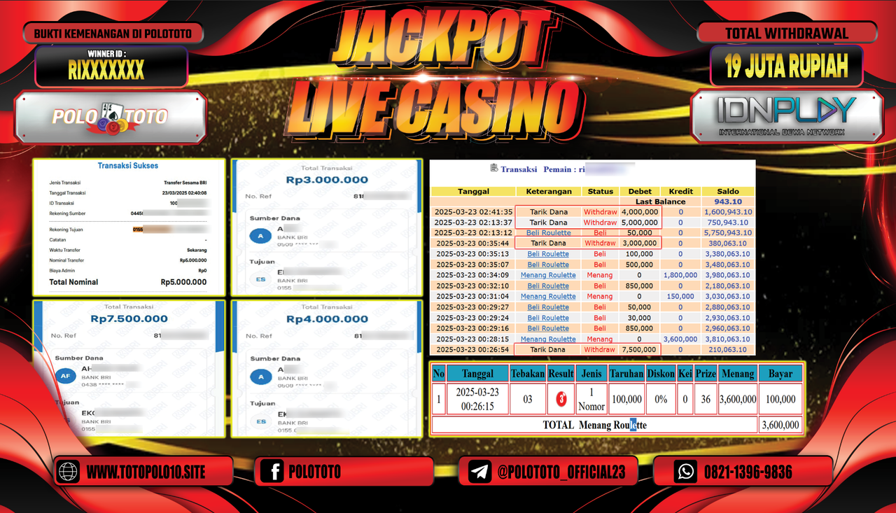 POLOTOTO JACKPOT LIVE CASINO ROULETTE Rp.19.500.000,-