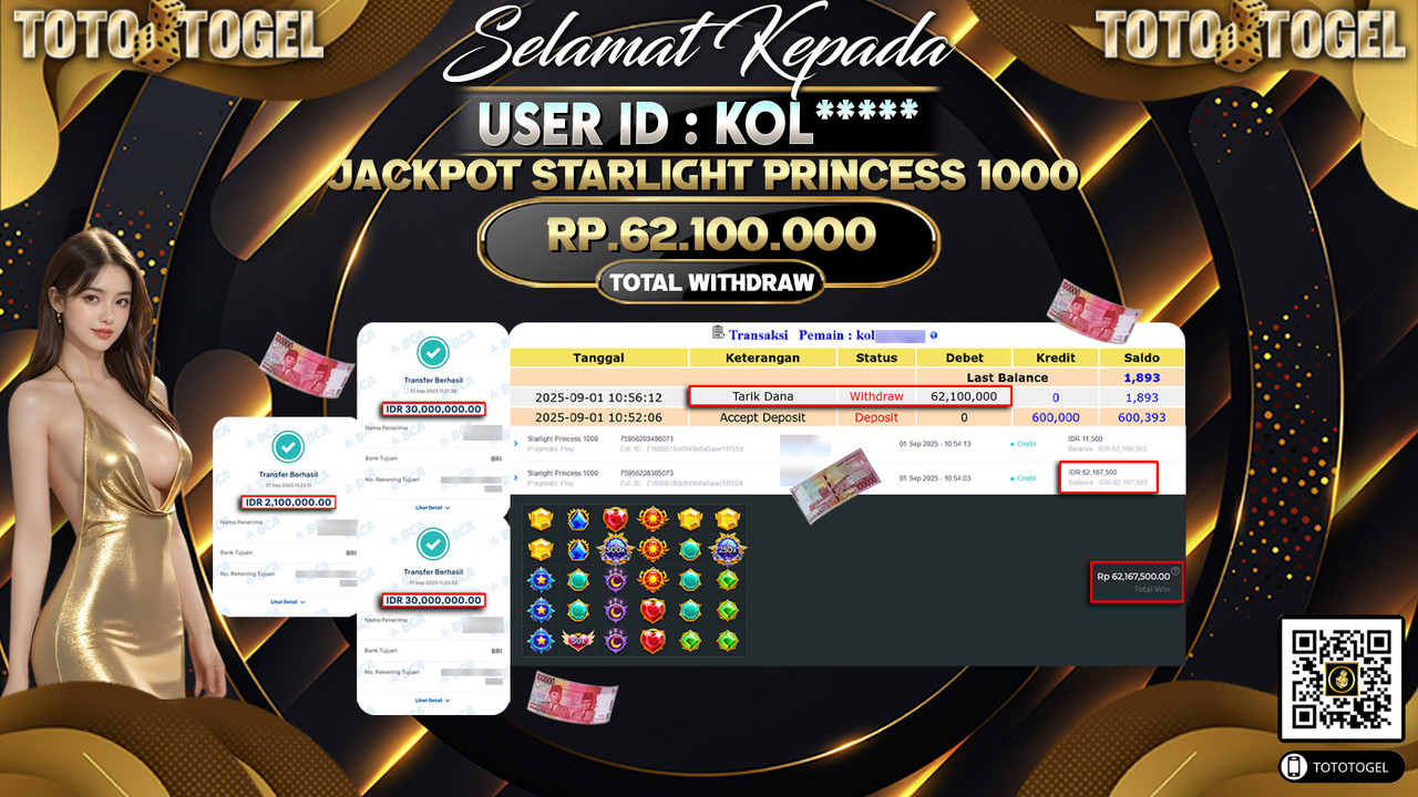 Bukti Pembayaran Jackpot Permainan Slot Starlight Princess 1000 ID:KOL***** LUNAS