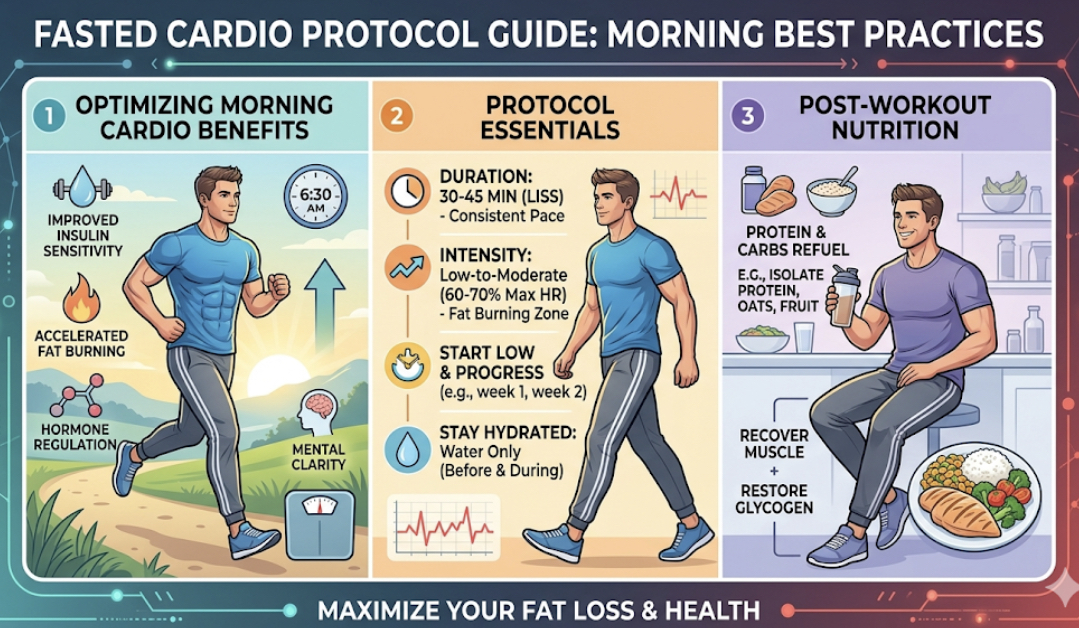 Morning fasted cardio benefits woman stretching after workout showing cardio on empty stomach and fasted cardio protocol guide