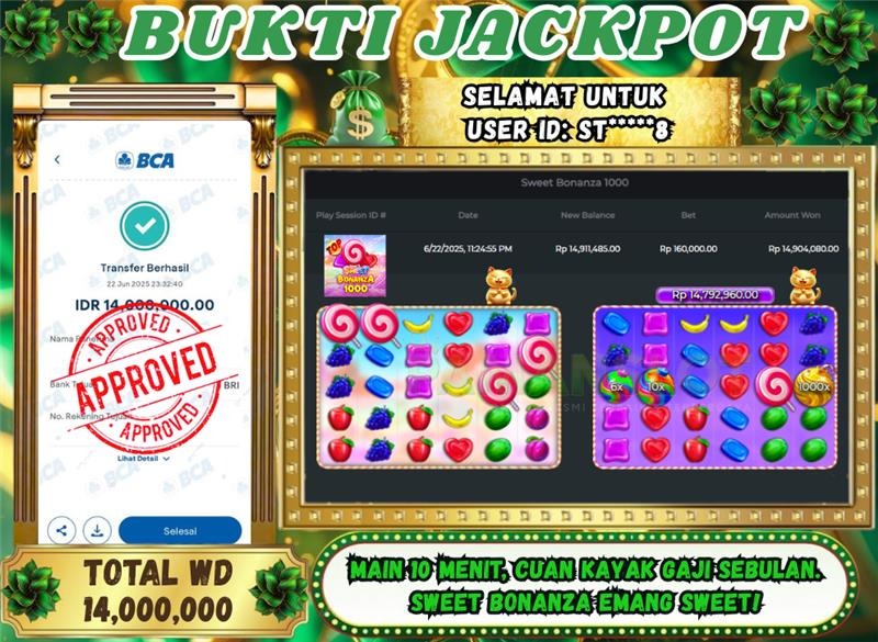 PAMANSLOT JACKPOT Game SWEET BONANZA 1000 Rp.14,000,000 - LUNAS