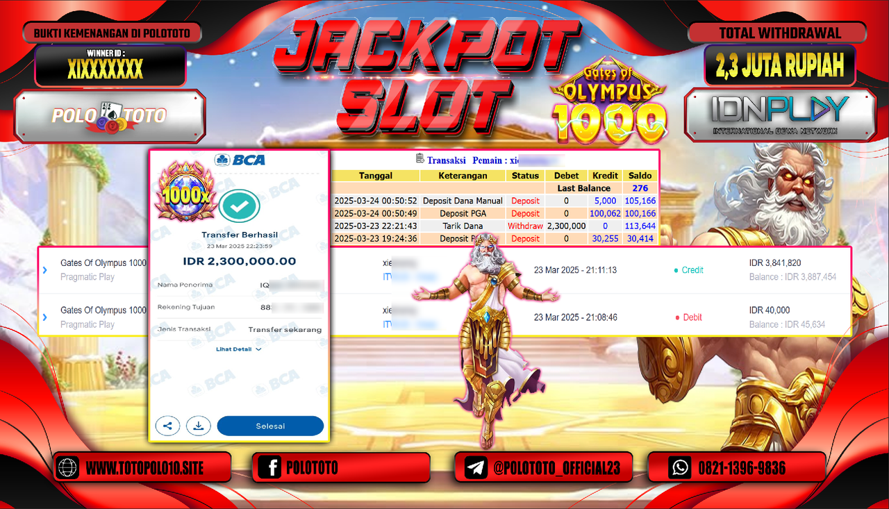 POLOTOTO JACKPOT SLOT GATES OF OLYMPUS 1000 Rp.2.300.000,-